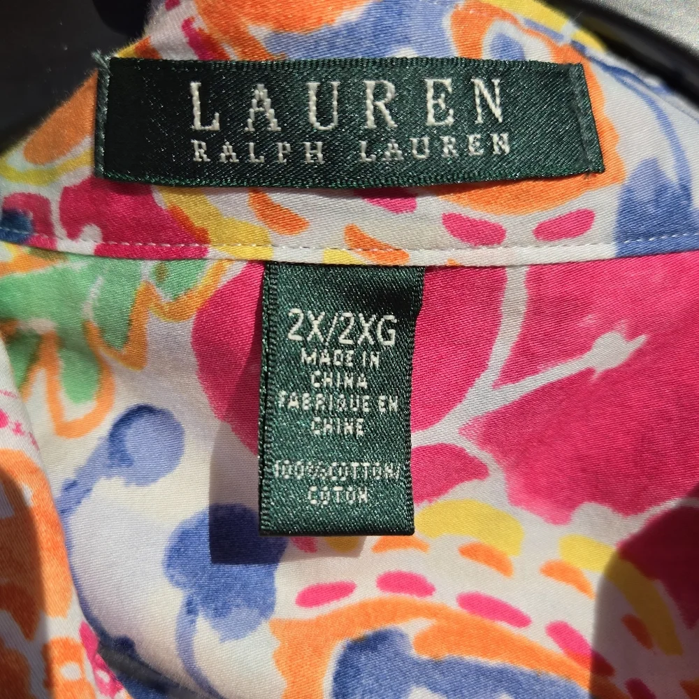 Ralph Lauren Floral Watercolor Button Down Blouse 3/4 Sleeves 2X Cotton - Picture 3 of 8